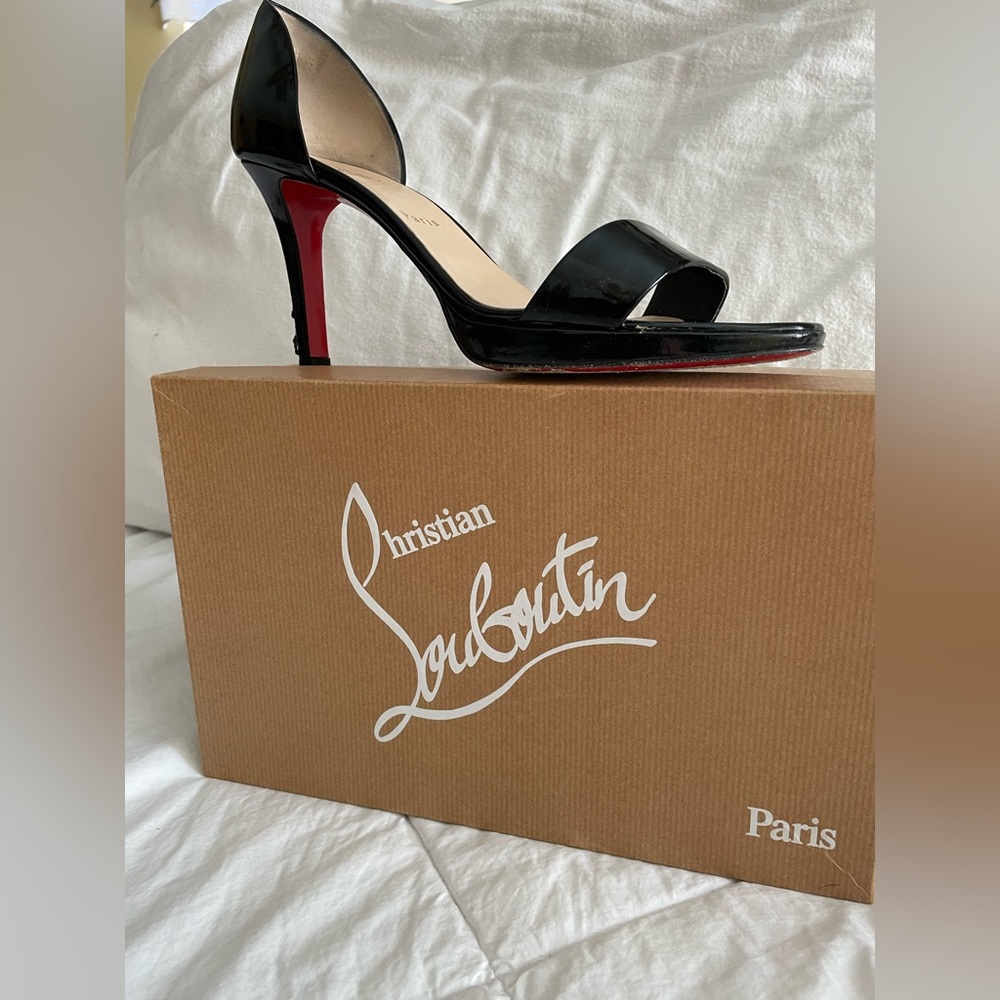 Christian Louboutin Black Patent Leather Red Sole Open-Toe Sandal Heel